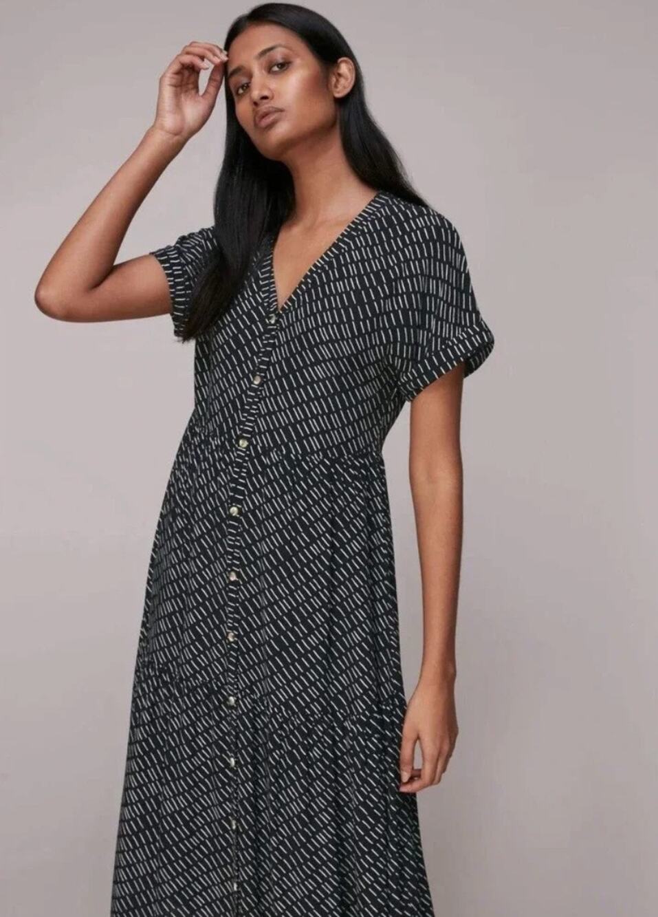 WHISTLES Geo Print Tiered Midi Dress